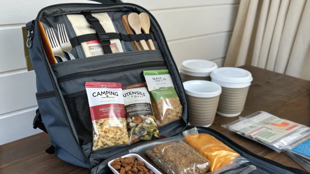 Backpack packed with resealable bags and camping utensils for breakfast.