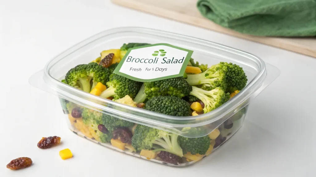 Properly stored broccoli salad for freshness.