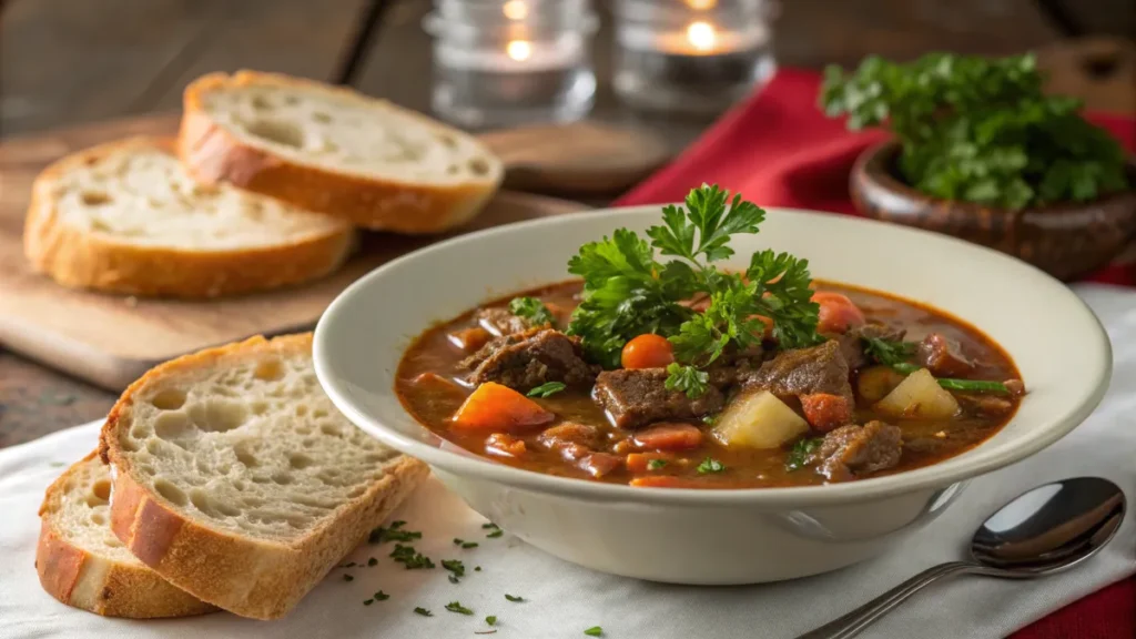 Old fashioned vegetable beef soup served with crusty bread.