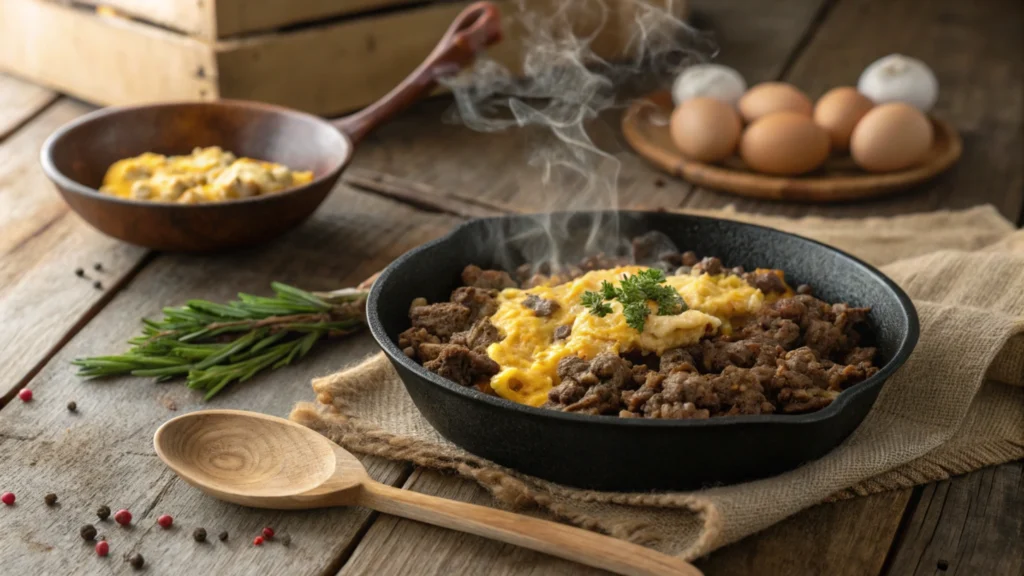 A ground beef and egg scramble served in a skillet, garnished with fresh herbs and a sprinkle of cheese.