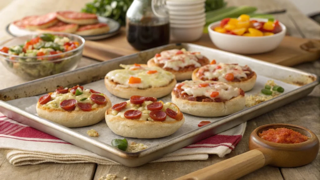 Mini pizzas on English muffins with various toppings like cheese, pepperoni, and veggies, displayed on a baking sheet