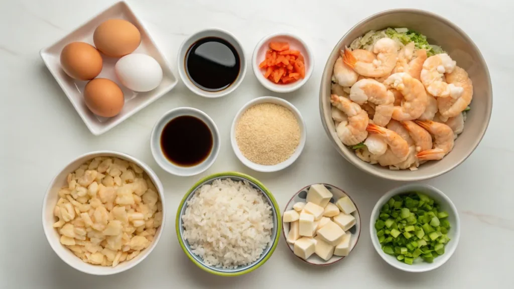 Ingredients for fried rice with egg, chicken, and shrimp recipe