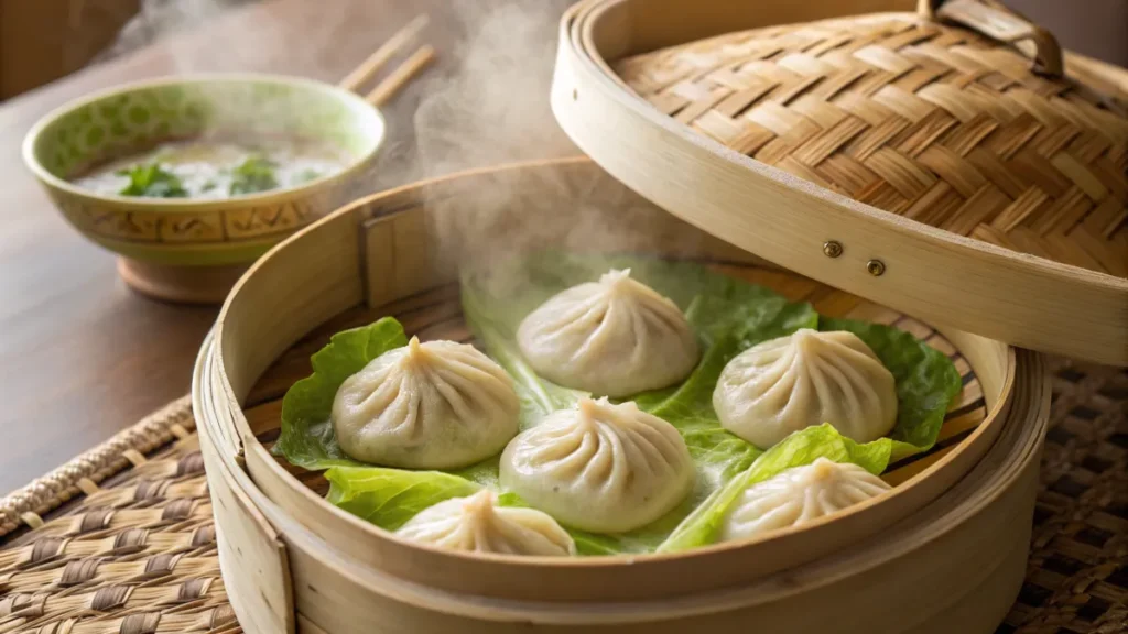 Vegan soup dumplings steaming in a bamboo basket lined with cabbage leaves.