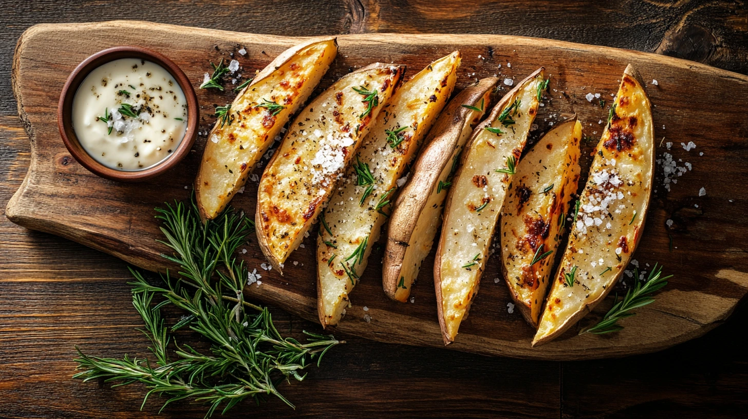 Roasted white sweet potato wedges with rosemary and dipping sauce on a rustic table.