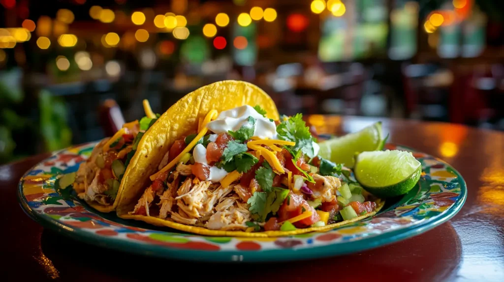 Galena chicken taco with lettuce, salsa, sour cream, and lime wedges on a ceramic plate