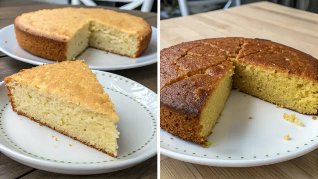 A side-by-side comparison of Northern sweet cornbread and Southern unsweetened cornbread, with a slice of each on a plate