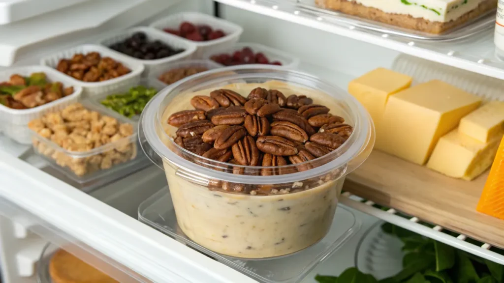 A bowl of pecan pie dip stored in a clear airtight container in a refrigerator.