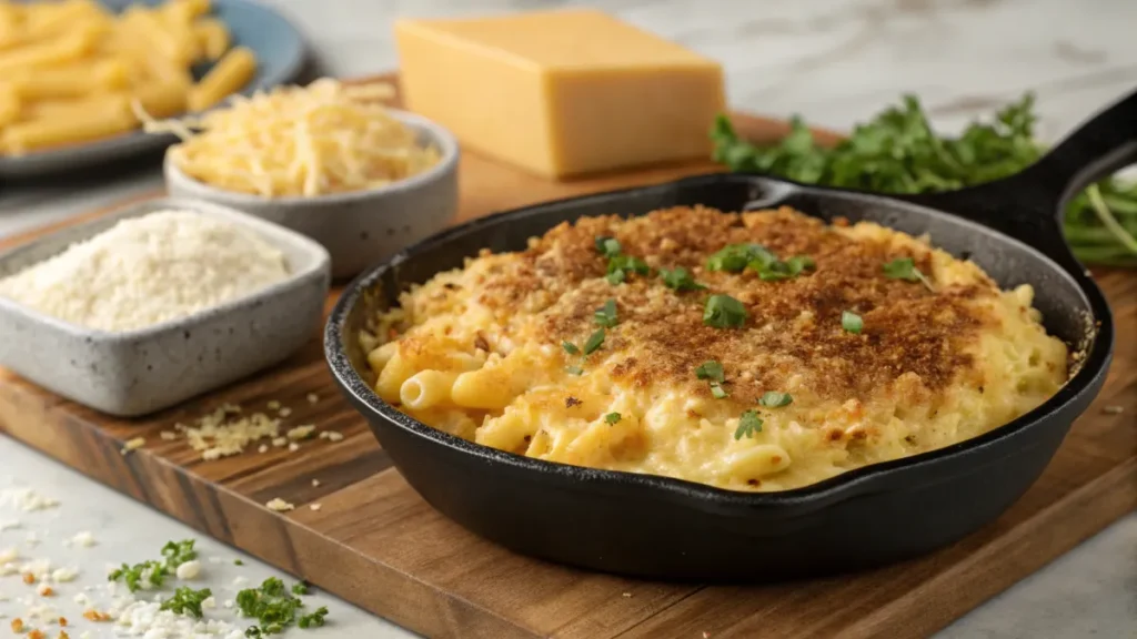 Cast-iron skillet of macaroni and cheese with golden breadcrumb topping.