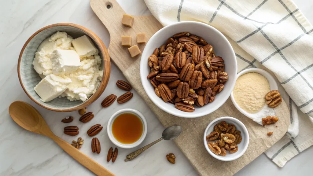 Ingredients for pecan pie dip: cream cheese, pecans, brown sugar, butter, and vanilla, arranged on a kitchen countertop.