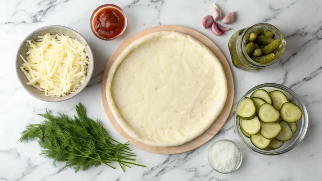 Ingredients for pickle pie pizza on a kitchen counter, including pizza dough, sliced dill pickles, shredded cheese, and a creamy garlic sauce