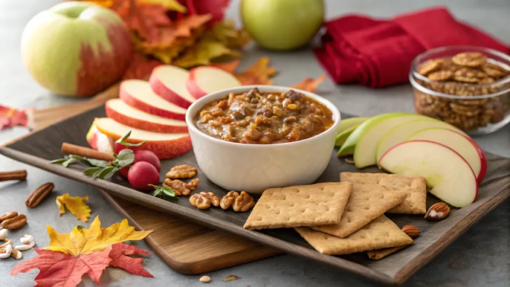 Caramel apple and pecan dip with apple slices and crackers arranged neatly around it on a serving tray.