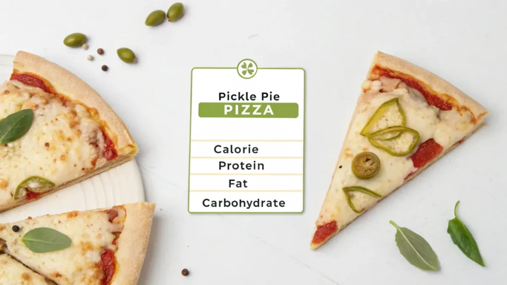 Nutritional chart for a slice of pickle pie pizza showing calories, protein, fat, and carbs