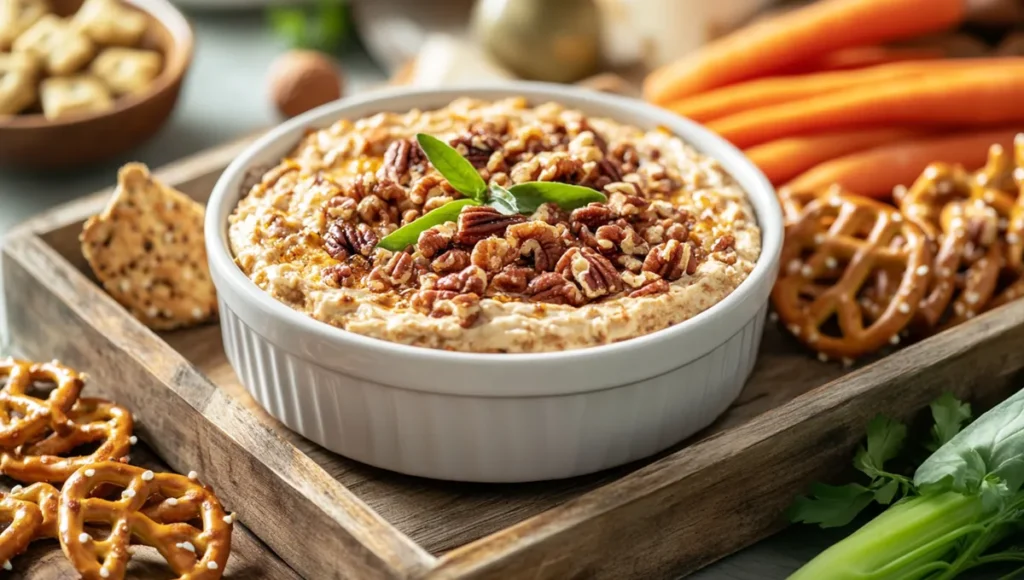 A bowl of pecan dip with pretzels, multigrain crackers, and carrot sticks on a wooden tray.