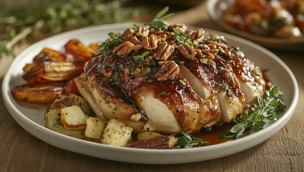 Roasted chicken drizzled with pecan dip glaze, served on a plate with herbs.