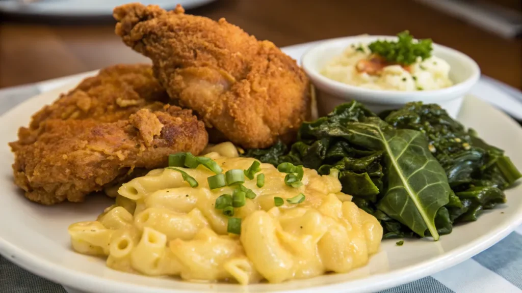 Plate of fried chicken with macaroni and cheese and collard greens.