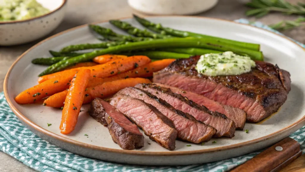 Grilled flat iron steak served with herb butter and vegetables.