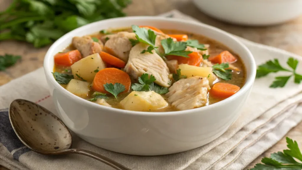 A bowl of slow-cooked chicken stew with carrots and potatoes, garnished with parsley.