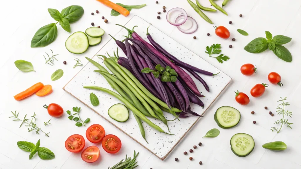 A styled nutritional comparison of purple and green beans.