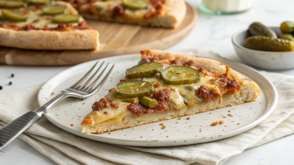 Close-up of a slice of pickle pizza with melted cheese and crispy crust, served on a plate.