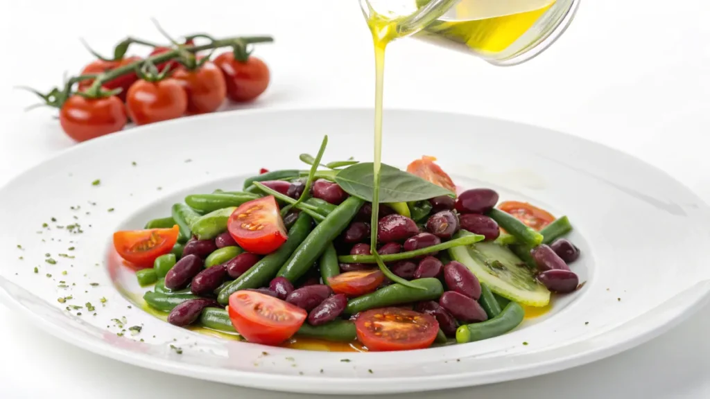 A vibrant raw salad with purple and green beans.