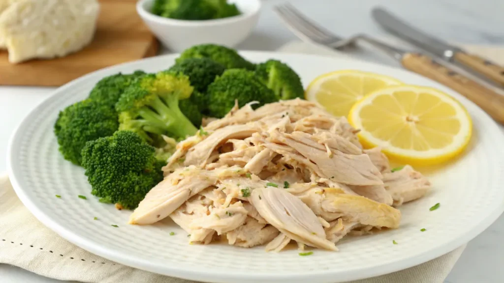 A plate of shredded slow-cooked chicken with a side of steamed broccoli.