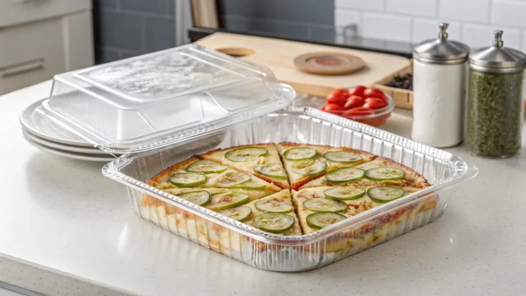 Slices of pickle pie pizza stored in an airtight container wrapped in foil