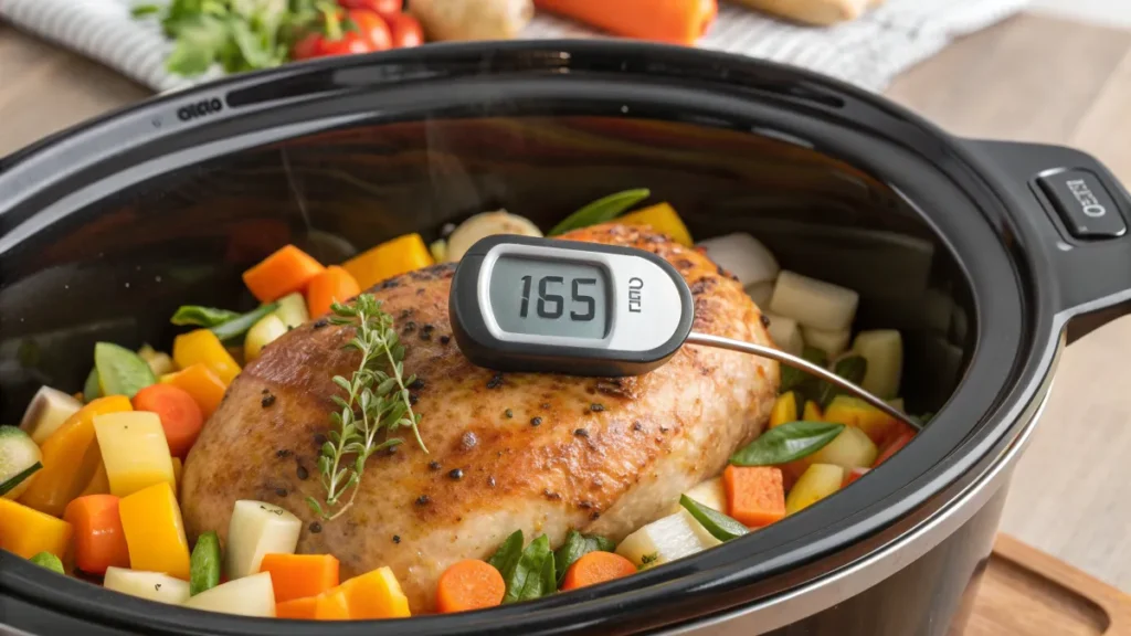 A digital thermometer checking the temperature of a slow-cooked chicken breast.