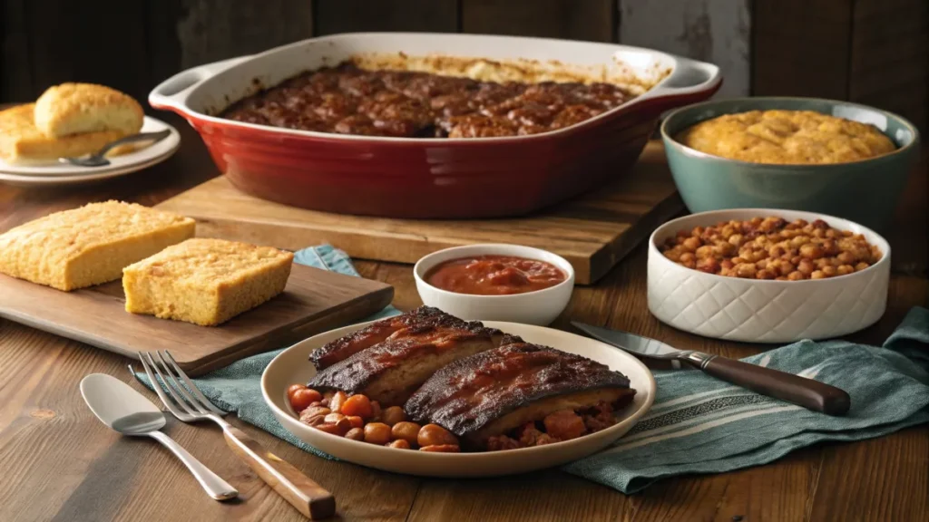 Soul food dinner spread with BBQ ribs, cornbread, baked beans, and peach cobbler.