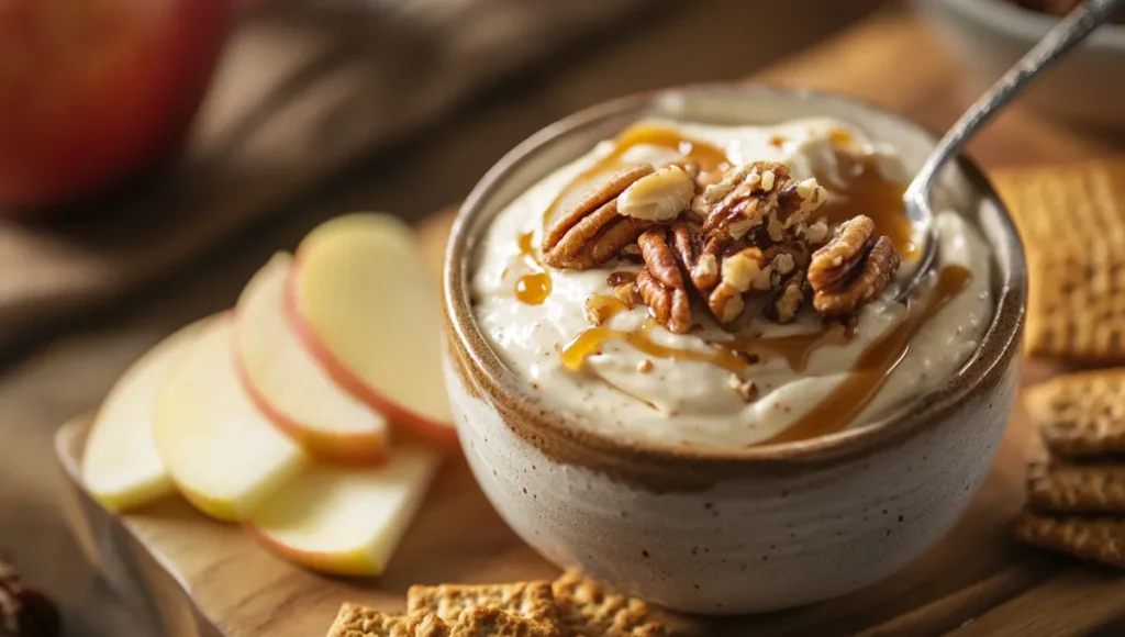 A spoonful of pecan dip with sliced apples and graham crackers on a serving board.