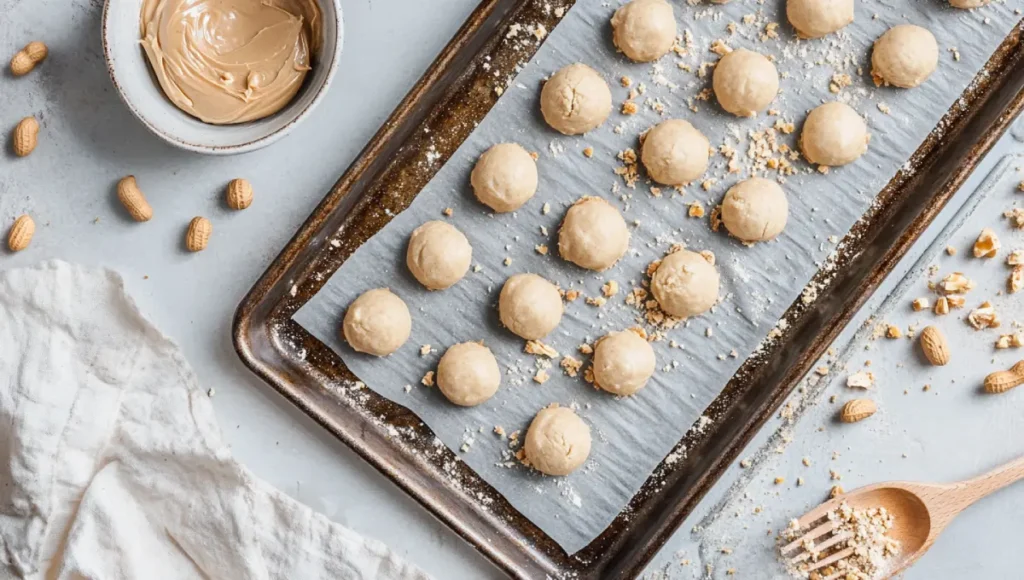 Raw peanut butter cookie dough balls on a baking sheet, pressed with a fork before baking.