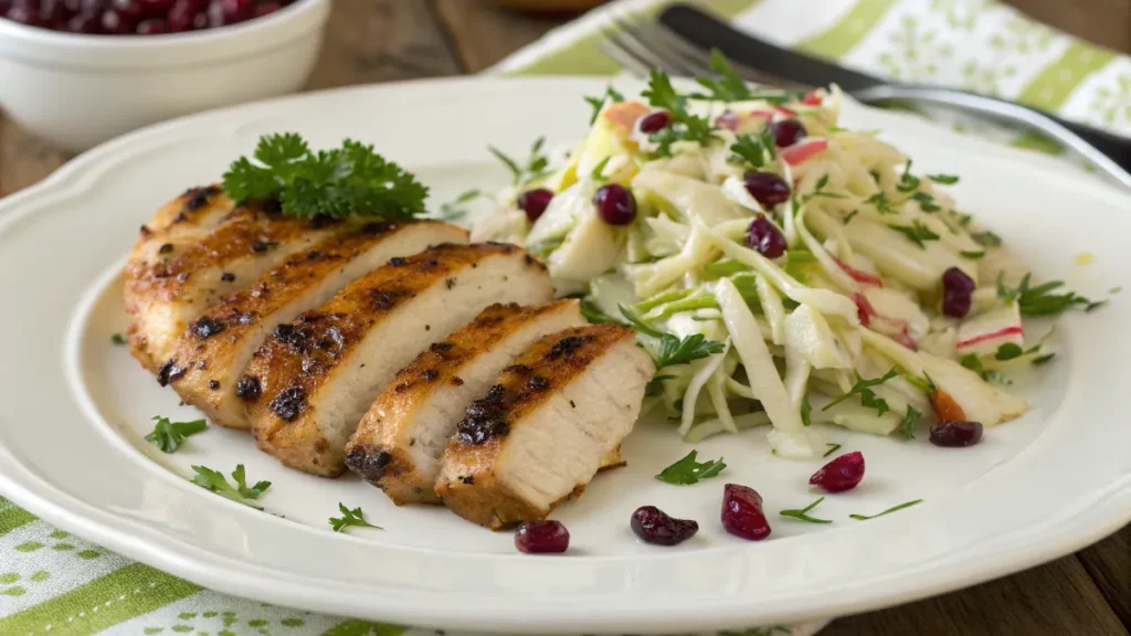 Apple Cranberry Coleslaw Served with Grilled Chicken