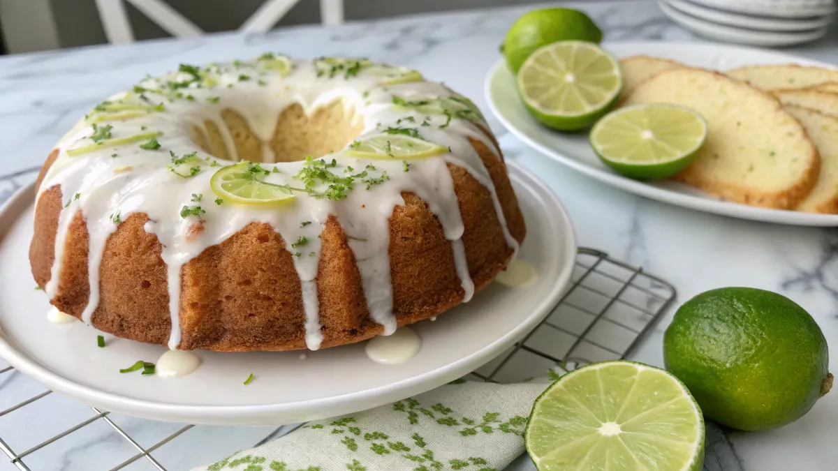 a cake with white frosting and limes on a plate