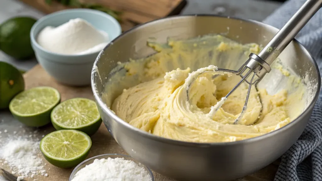 Ingredients being mixed to prepare Key Lime Pound Cake.