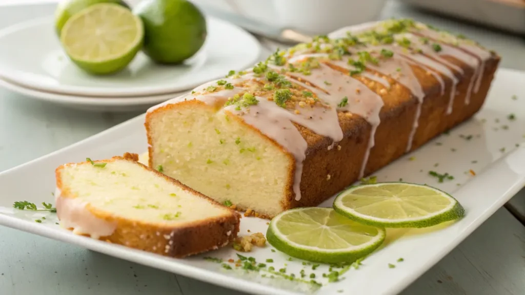 A delicious slice of Key Lime Pound Cake with a citrus glaze.