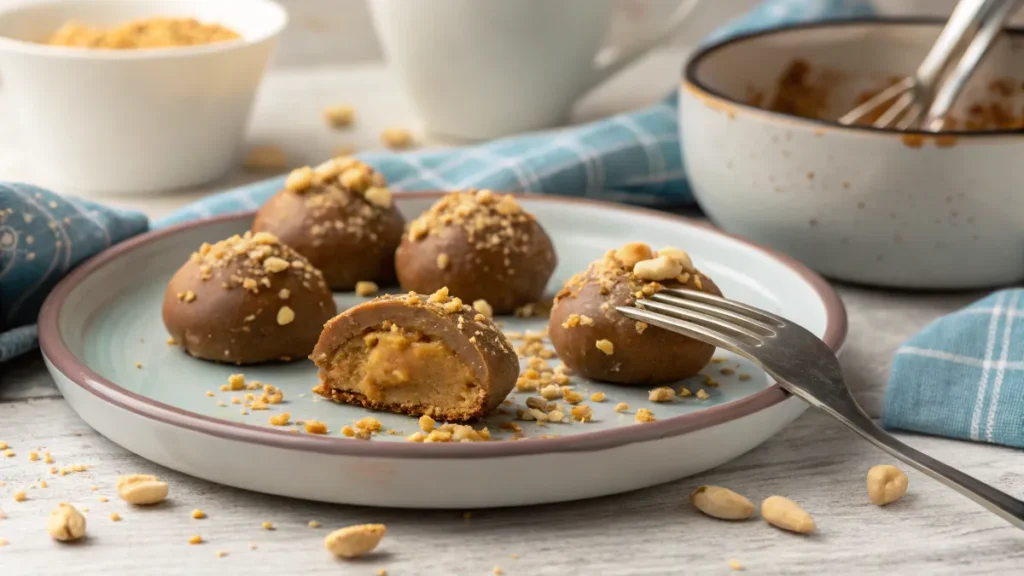 A beautifully plated serving of Peanut Butter Balls with a garnish.