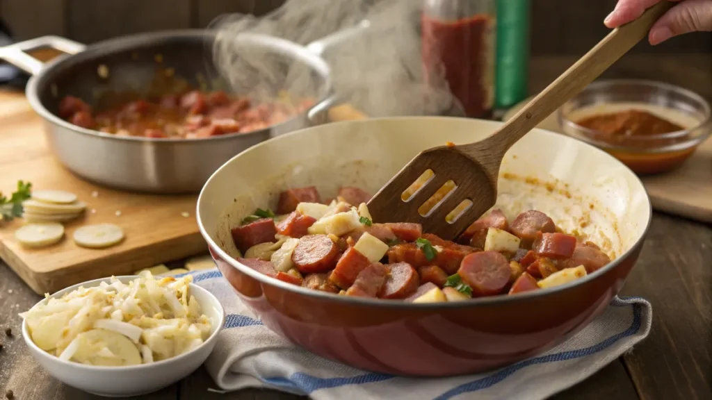 Ingredients being mixed to prepare Pierogi Casserole with Kielbasa Sausage.