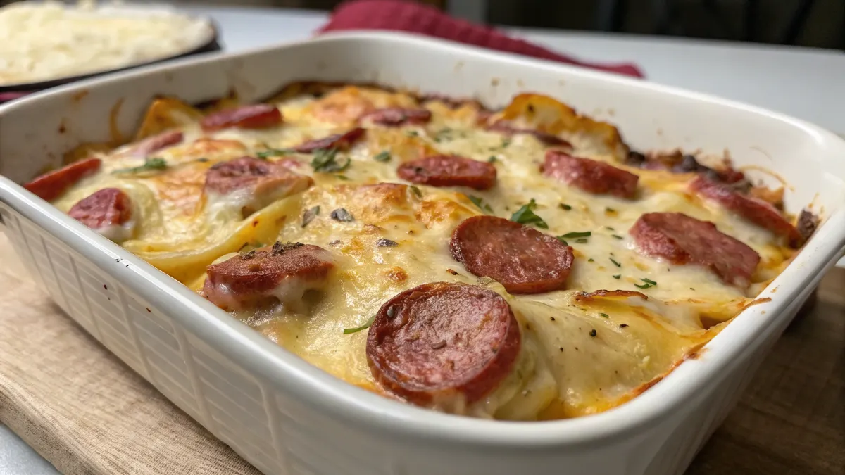 Pierogi Casserole with Kielbasa Sausage