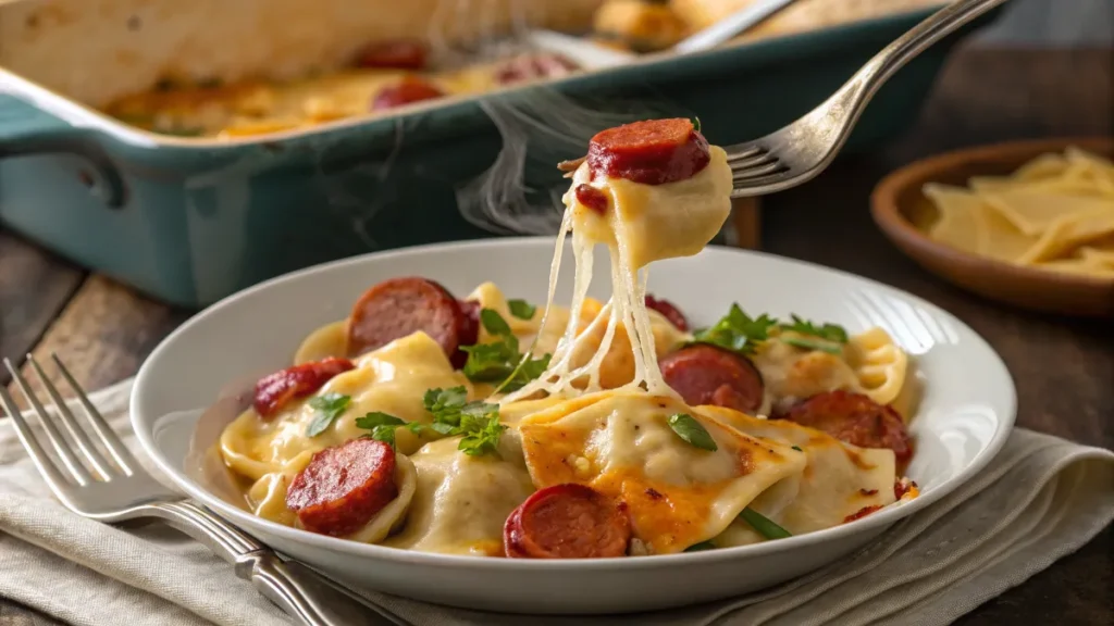 A beautifully plated serving of Pierogi Casserole with Kielbasa Sausage.