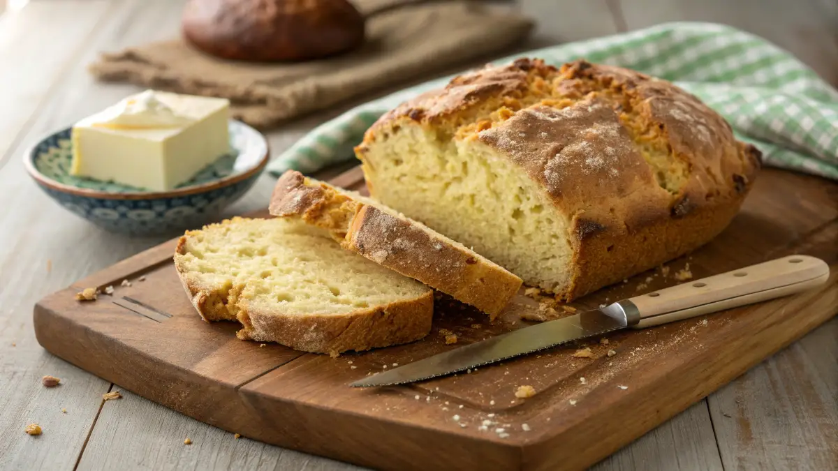 A golden, rustic Brown Butter Irish Soda Bread loaf with a crisp crust, freshly baked on a wooden cutting board.