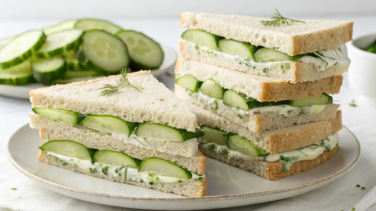 Elegant Classic Cucumber Sandwiches served on a tiered stand for afternoon tea.