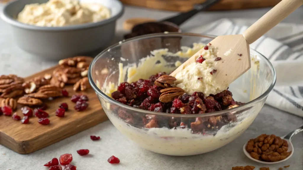 Ingredients being mixed to prepare Cranberry Pecan Cheese Ball.