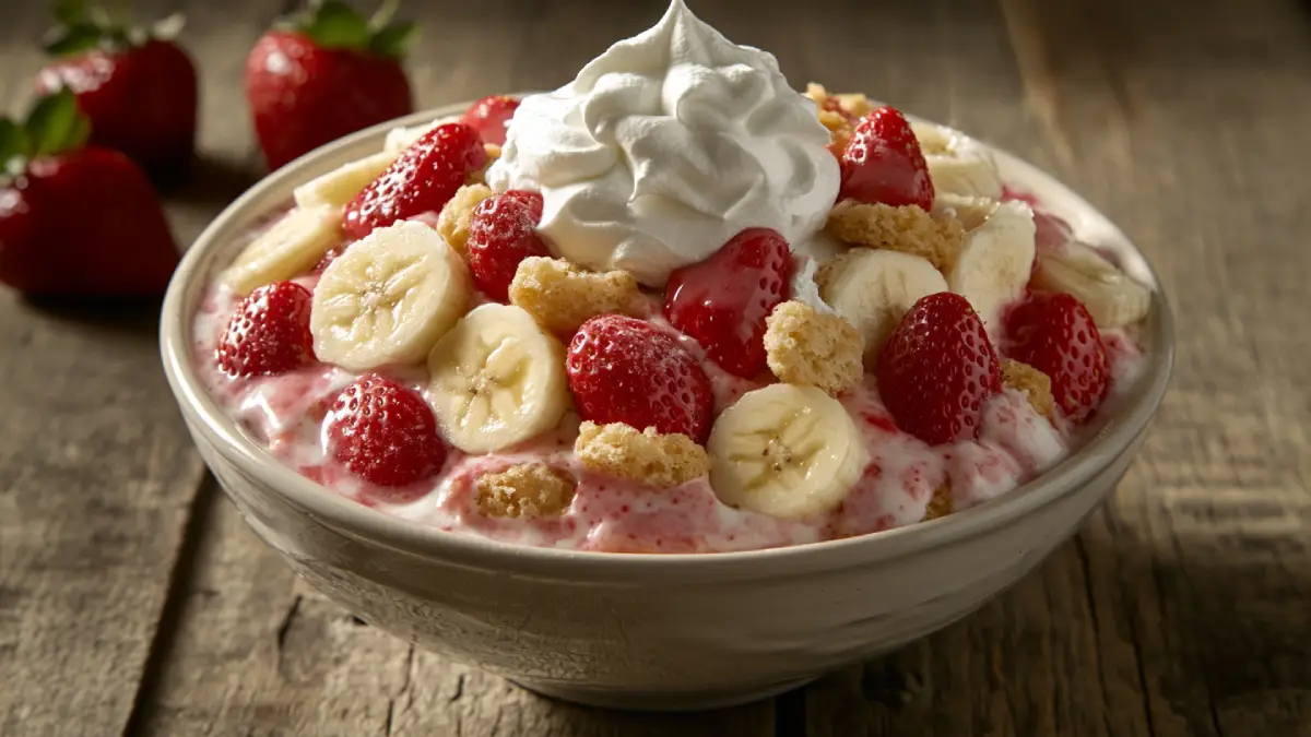 Layered Strawberry Banana Pudding with whipped cream topping.