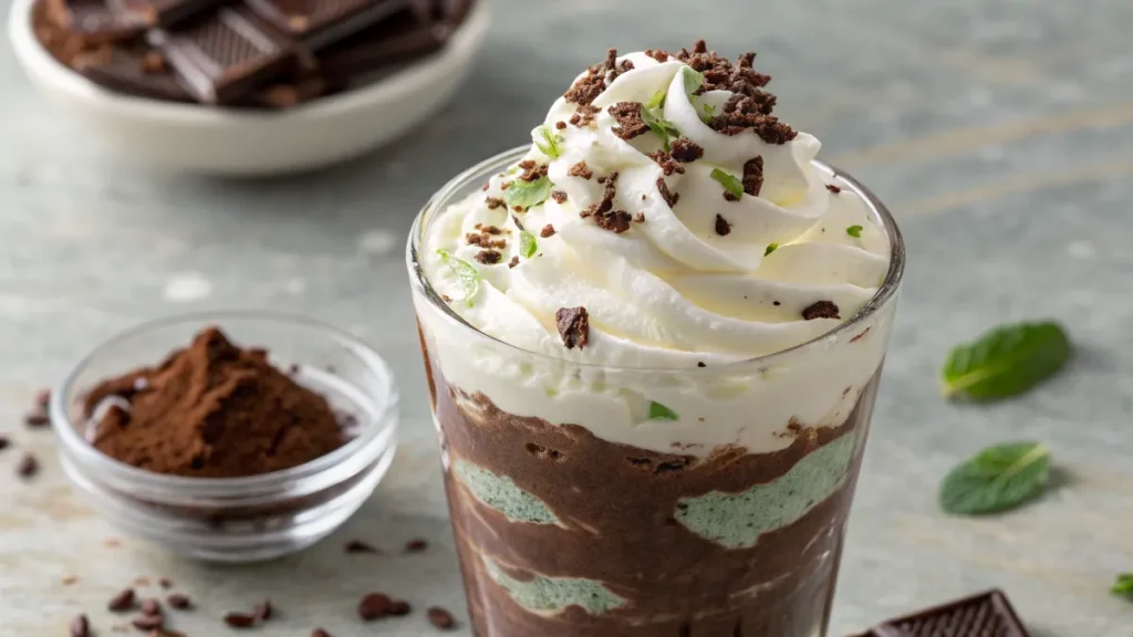 A finished homemade Wendy’s Thin Mint Frosty served in a tall glass.