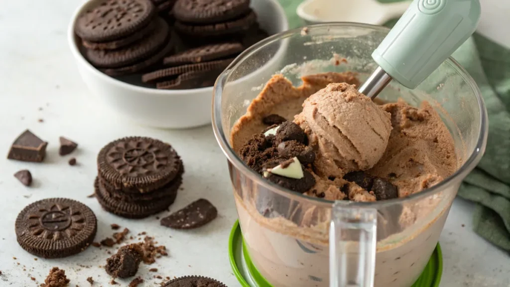 Blending ingredients for Wendy’s Thin Mint Frosty.