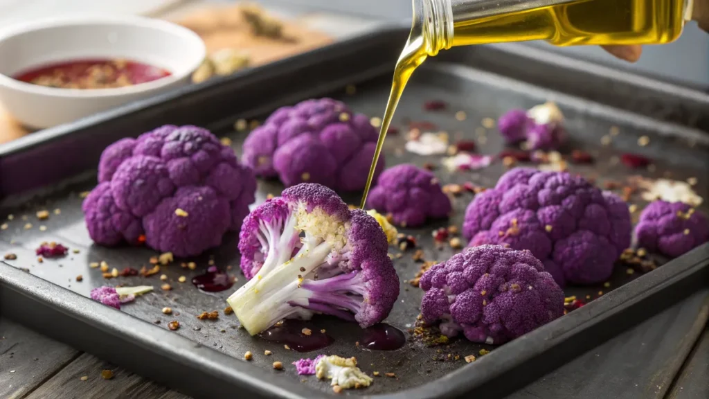 Fresh purple cauliflower being prepared with olive oil and seasonings before roasting.