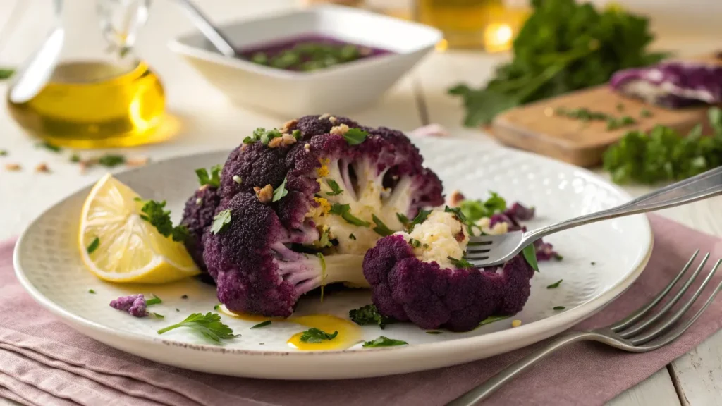 A plated serving of roasted purple cauliflower, topped with fresh herbs and lemon juice.