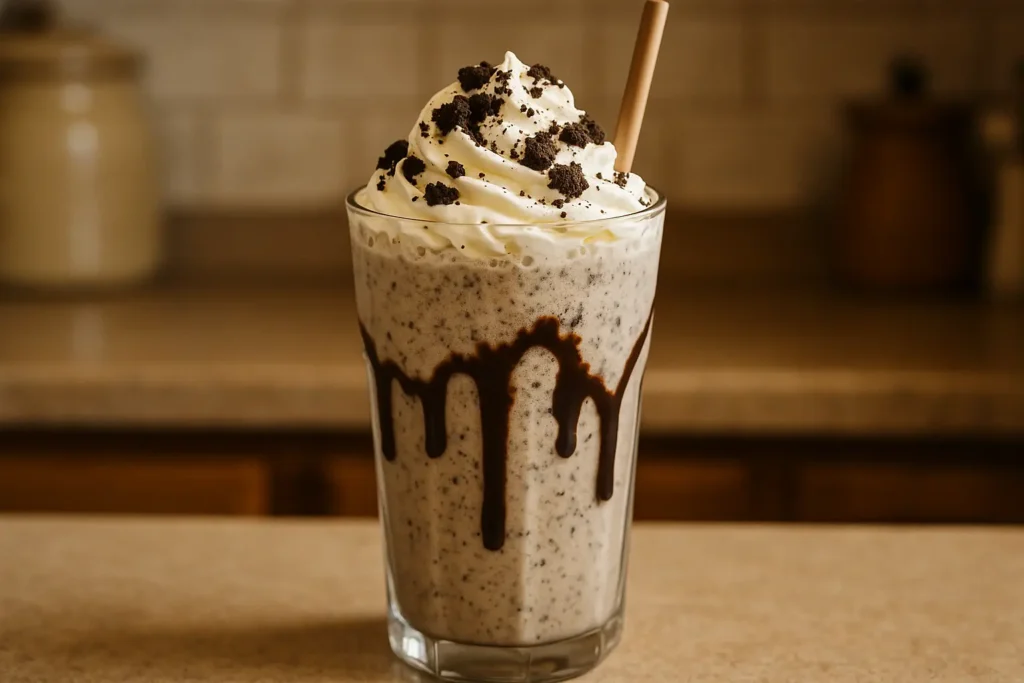 A beautifully plated serving of Cookies & Cream Frappuccino with a garnish