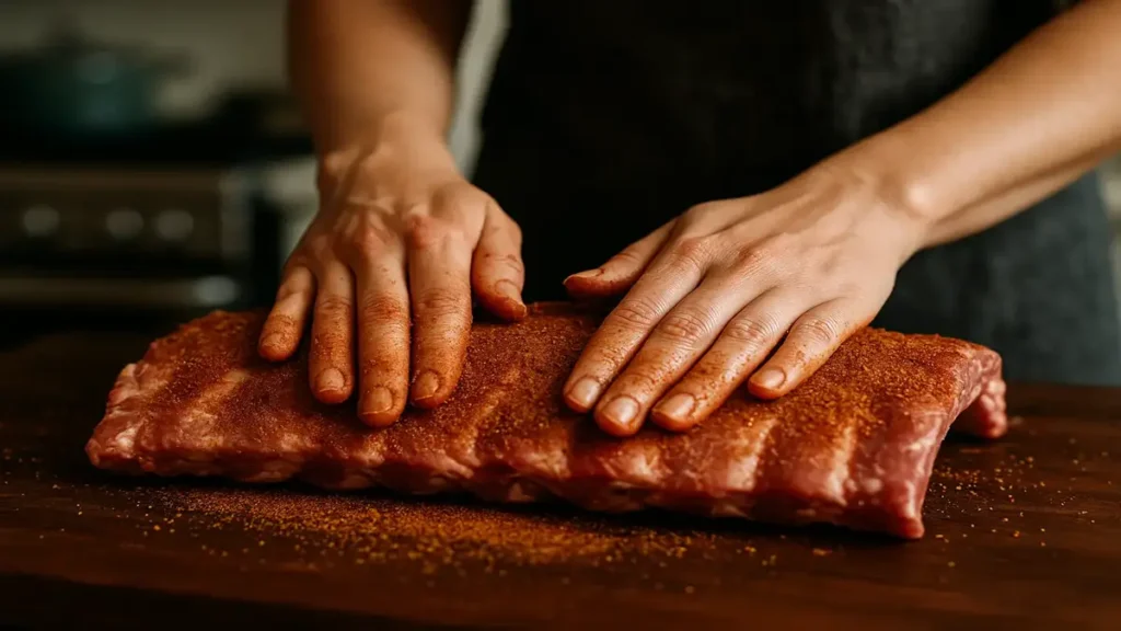 Seasoning baby back ribs with dry rub for Kansas City BBQ Ribs.