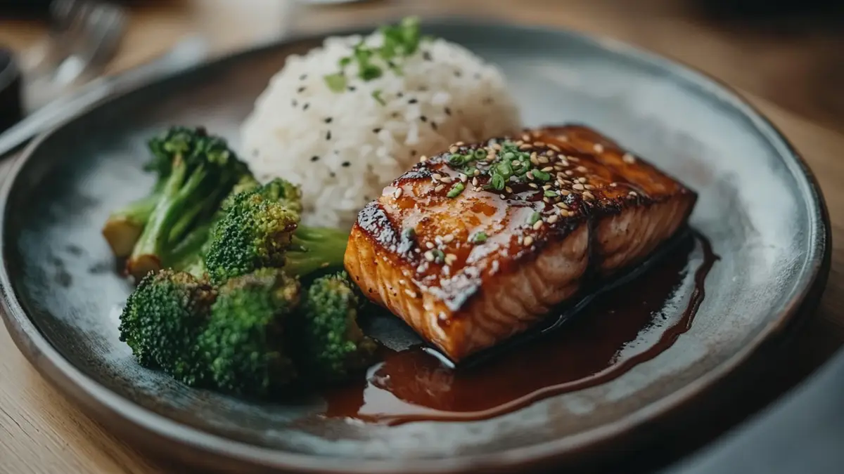 Teriyaki glazed salmon served with rice and vegetables