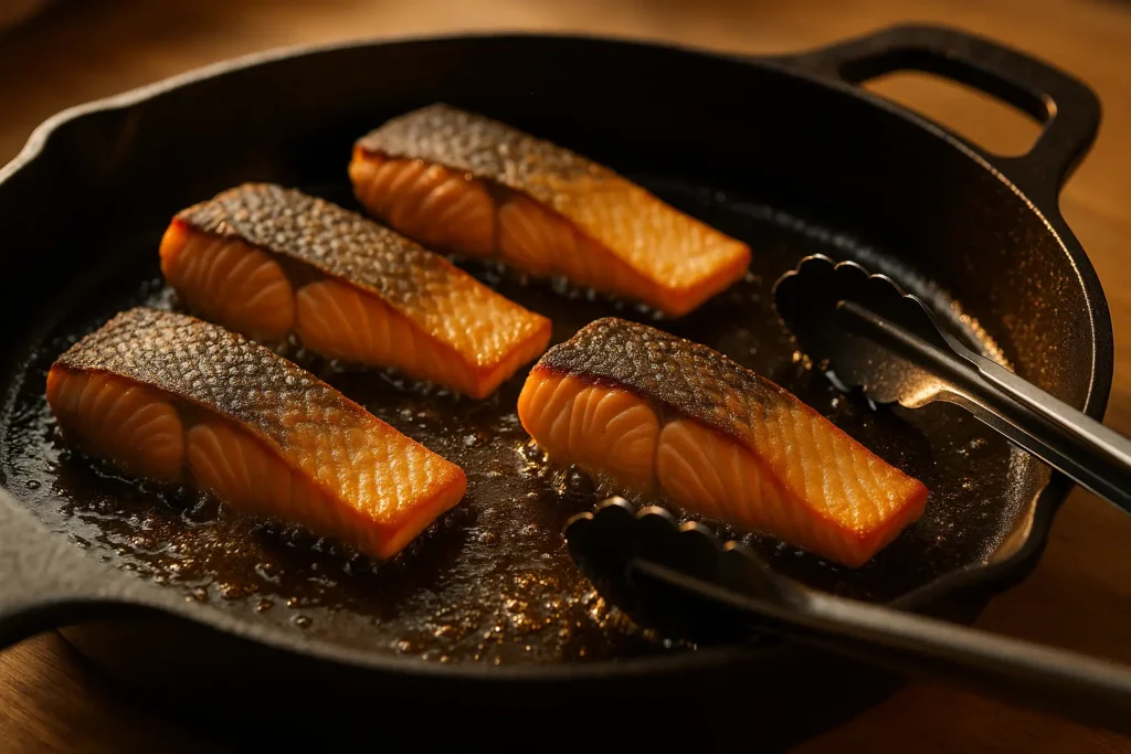 Searing salmon fillets for teriyaki glaze